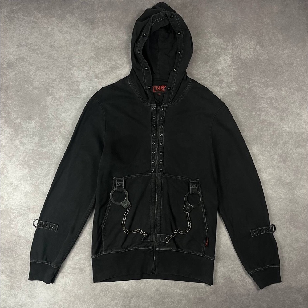 [192] Vintage Rare! Tripp NYC Black Moto Biker Punk Hoodie Jacket Handcuffs Sz M